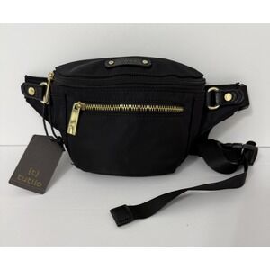 Tutilo New York Black Nylon Fanny Pack Bag Gold Travel Zipper Adjustable Strap